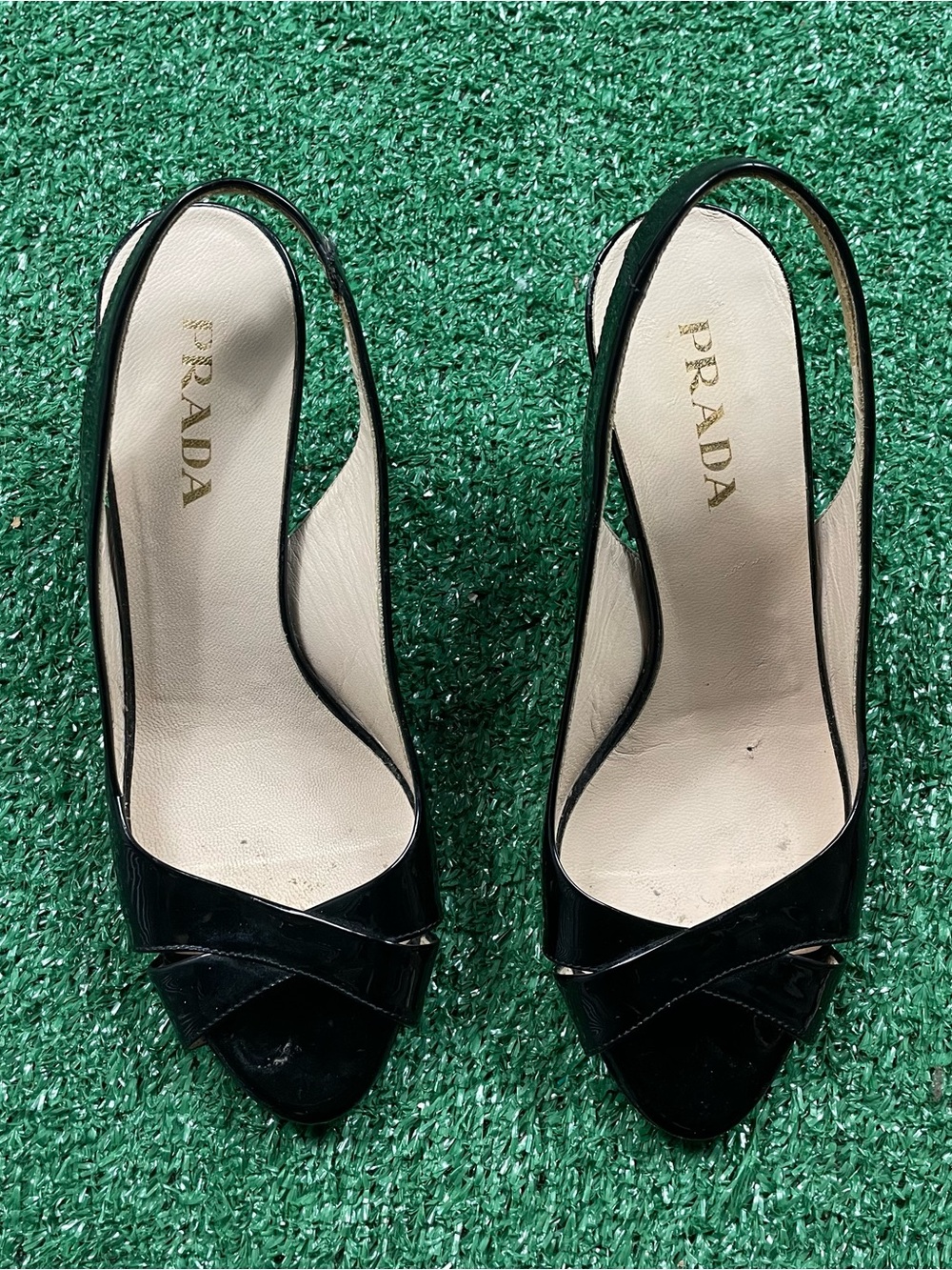 Prada Black Patent Slingback Peep-Toe Mules